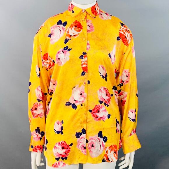 MSGM Size L Yellow Multi Color Satin Floral Button Up Shirt - Picture 1 of 8